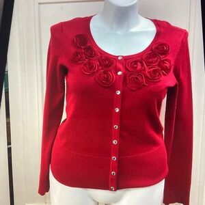 Elegant Red Rose Embellished Women's Sweater Large